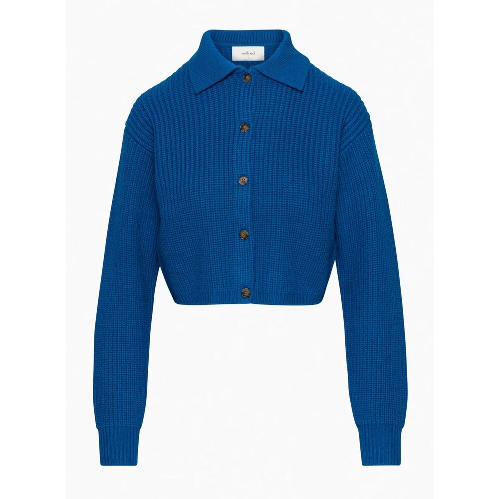 Aritzia Wilfred Nextdoor Sweater Small Collared 100% Merino Wool Cardigan Blue